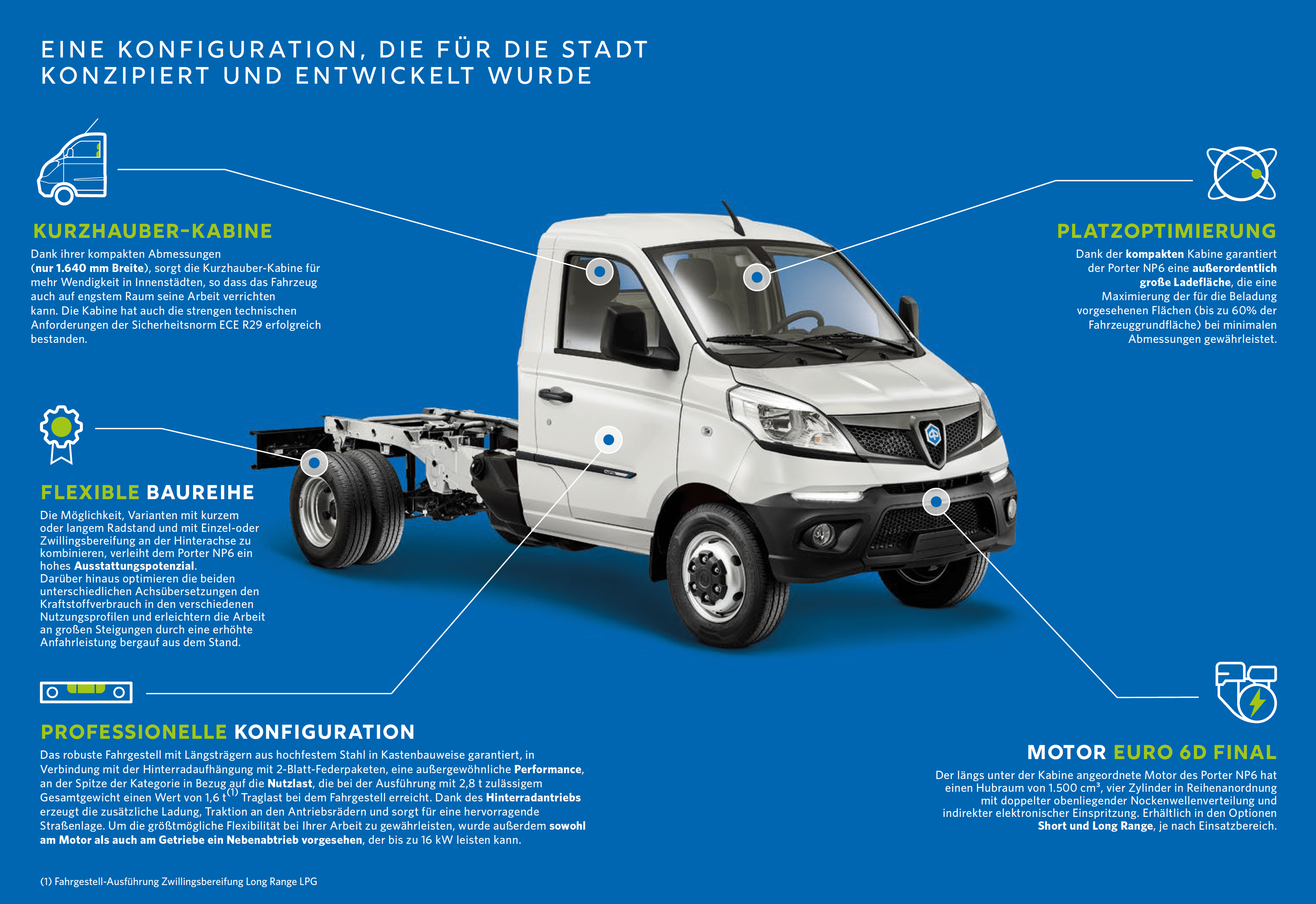 Piaggio Porter NP6 - KURZHAUBER-KABINE - Dank ihrer kompakten Abmessungen (nur 1.640 mm Breite), sorgt die Kurzhauber-Kabine für mehr Wendigkeit in Innenstädten, so dass das Fahrzeug auch auf engstem Raum seine Arbeit verrichten kann. Die Kabine hat auch die strengen technischen Anforderungen der Sicherheitsnorm ECE R29 erfolgreich bestanden.